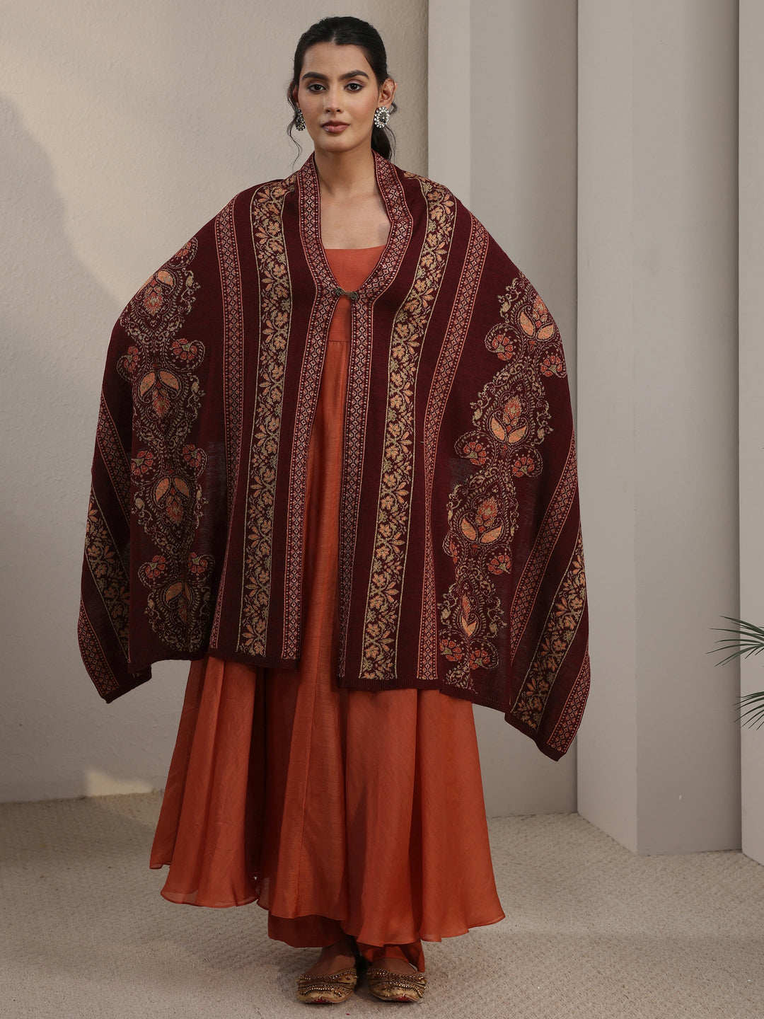  Libas Maroon Ethnic Knitted Acrylic Wrap Shawl 