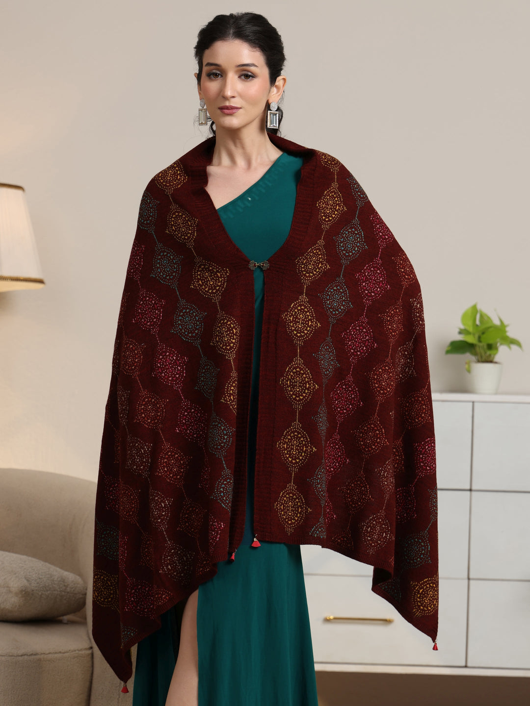  Libas Maroon Geometric Knitted Acrylic Wrap Shawl 