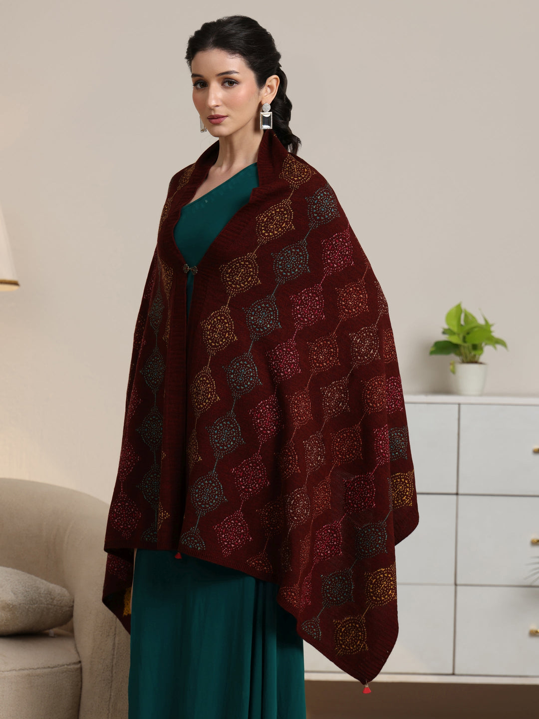  Libas Maroon Geometric Knitted Acrylic Wrap Shawl 
