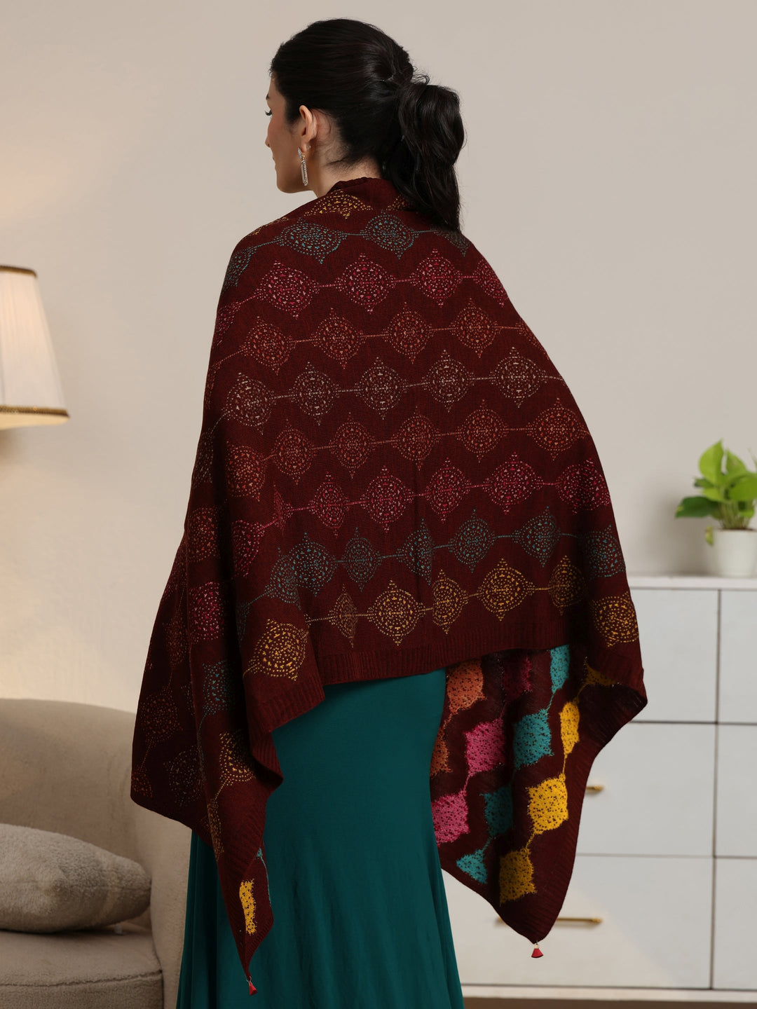 Libas Maroon Geometric Knitted Acrylic Wrap Shawl 
