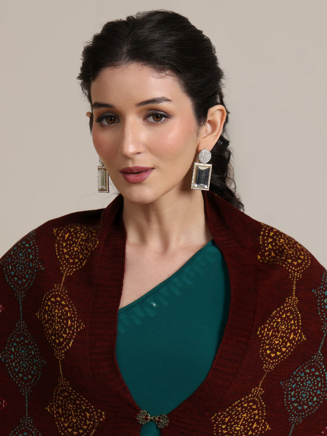  Libas Maroon Geometric Knitted Acrylic Wrap Shawl 
