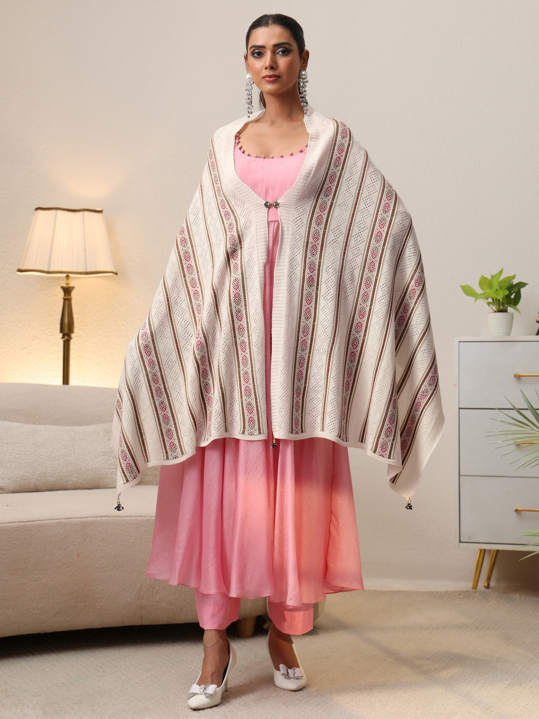  Libas White Striped Knitted Acrylic Wrap Shawl 