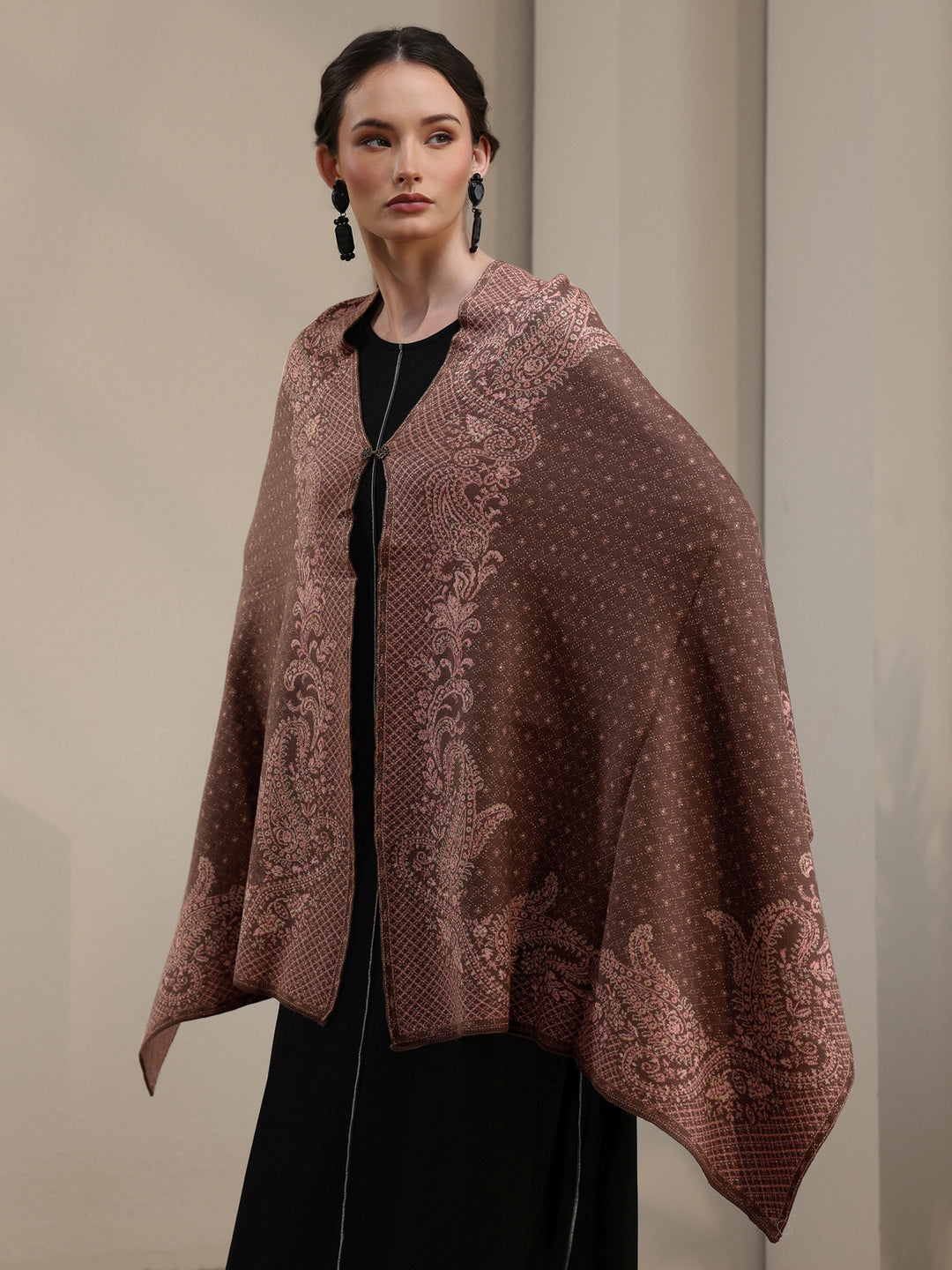  Libas Brown Paisley Knitted Acrylic Wrap Shawl 