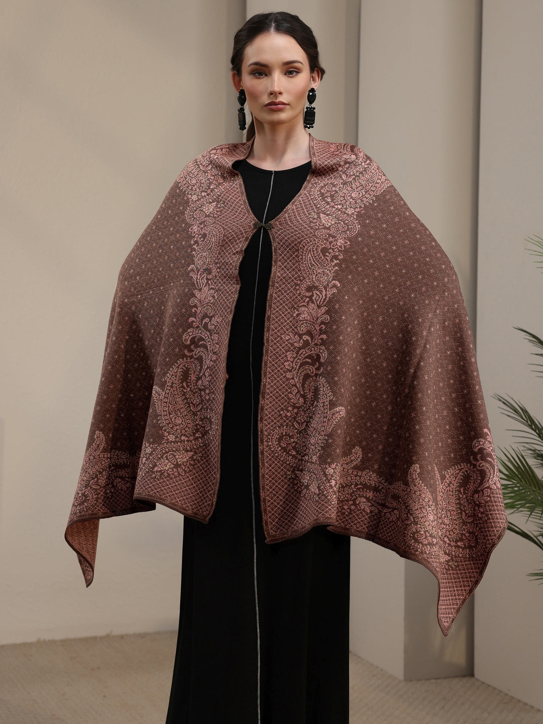  Libas Brown Paisley Knitted Acrylic Wrap Shawl 