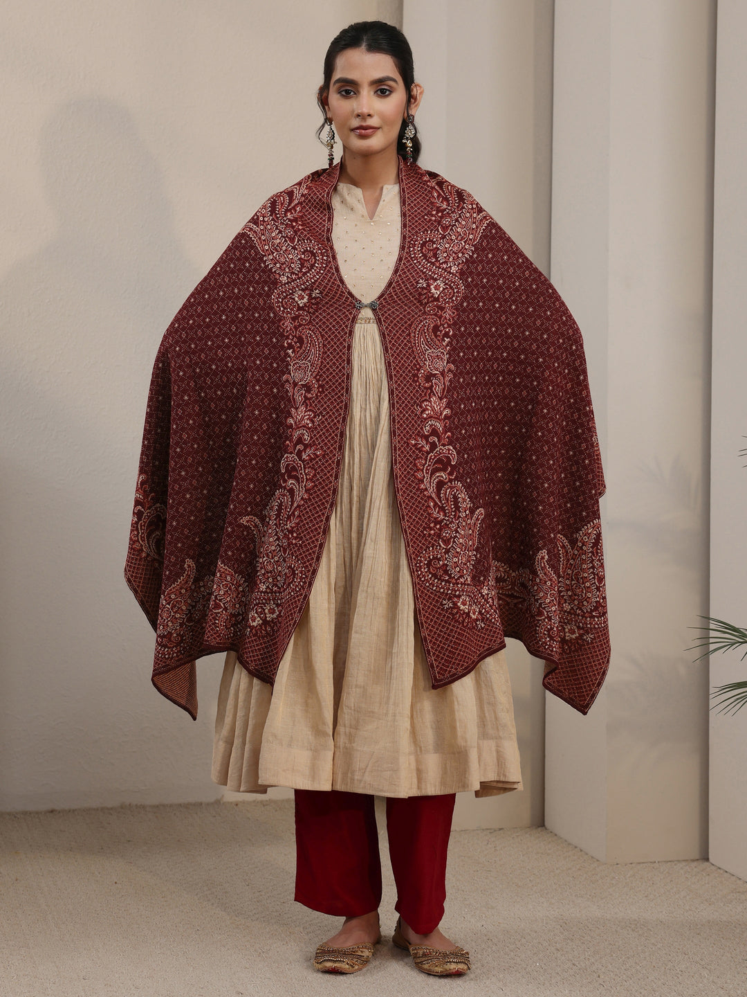  Libas Maroon Paisley Knitted Acrylic Wrap Shawl 