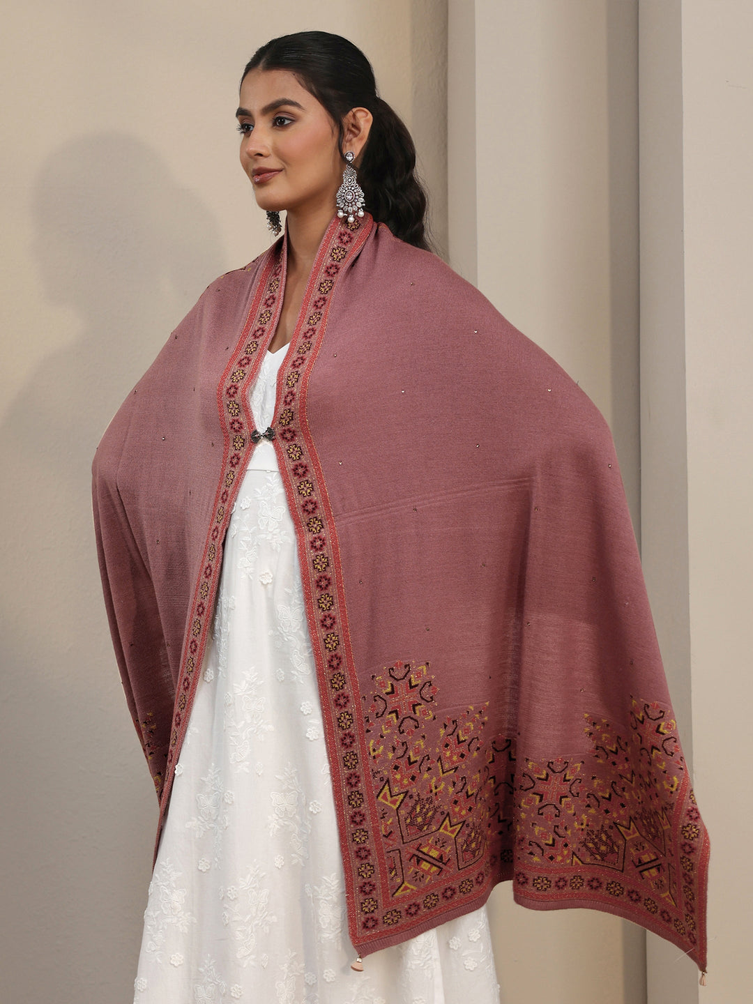  Libas Mauve Geometric Knitted Acrylic Wrap Shawl 