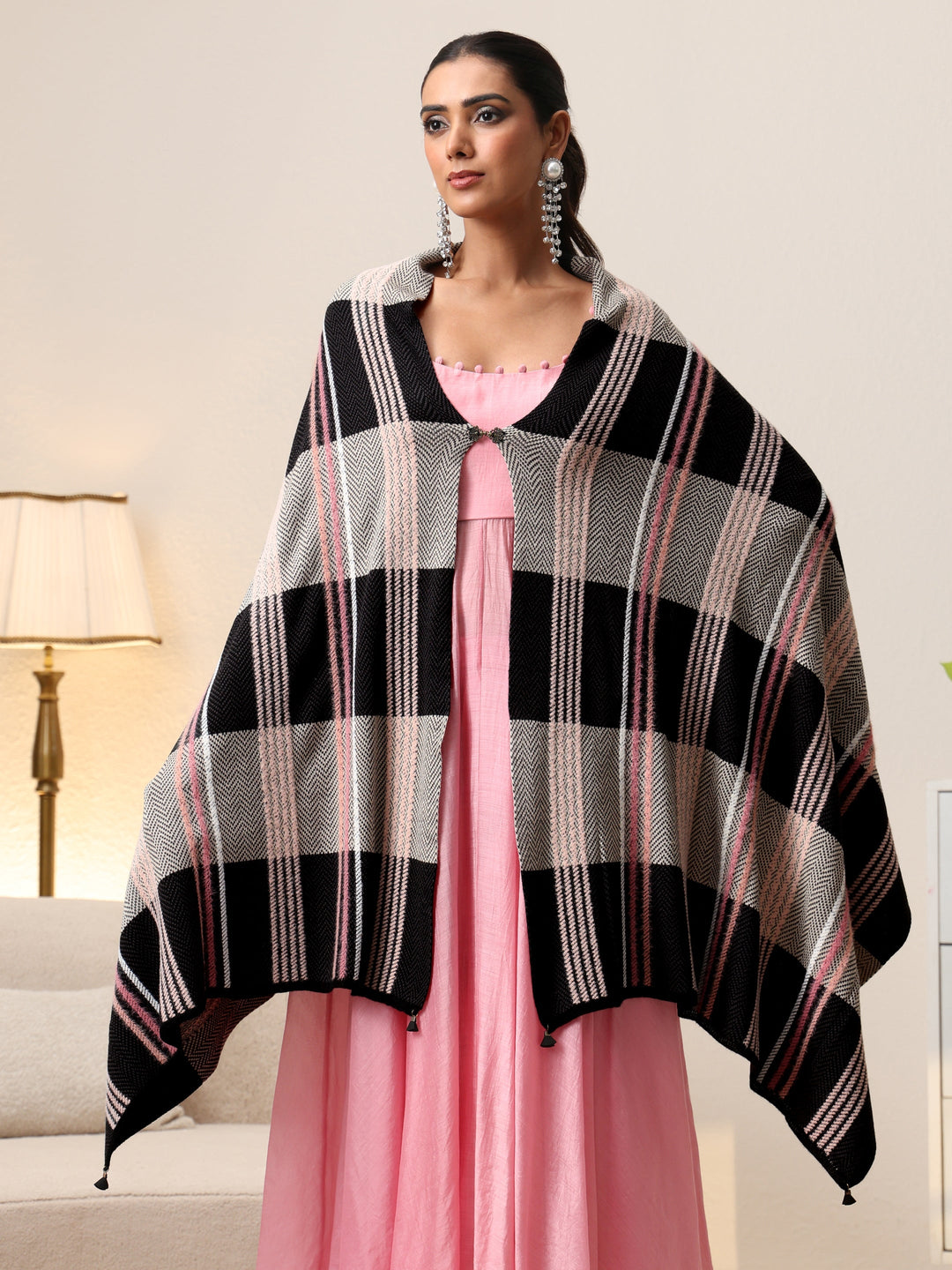  Libas Black Striped Knitted Acrylic Wrap Shawl 