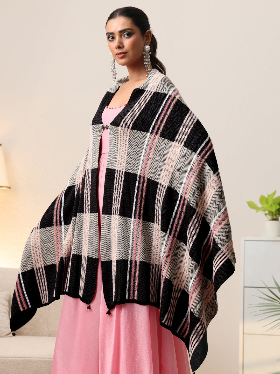  Libas Black Striped Knitted Acrylic Wrap Shawl 