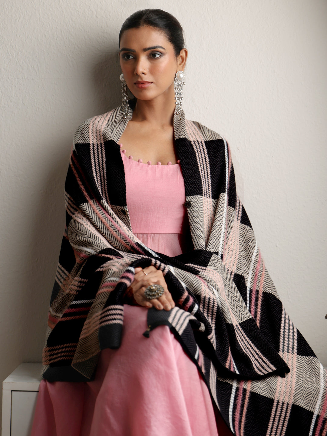  Libas Black Striped Knitted Acrylic Wrap Shawl 