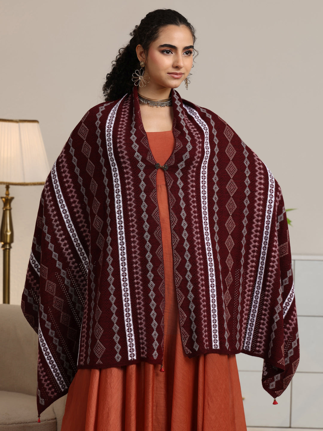  Libas Maroon Ethnic Knitted Acrylic Wrap Shawl 