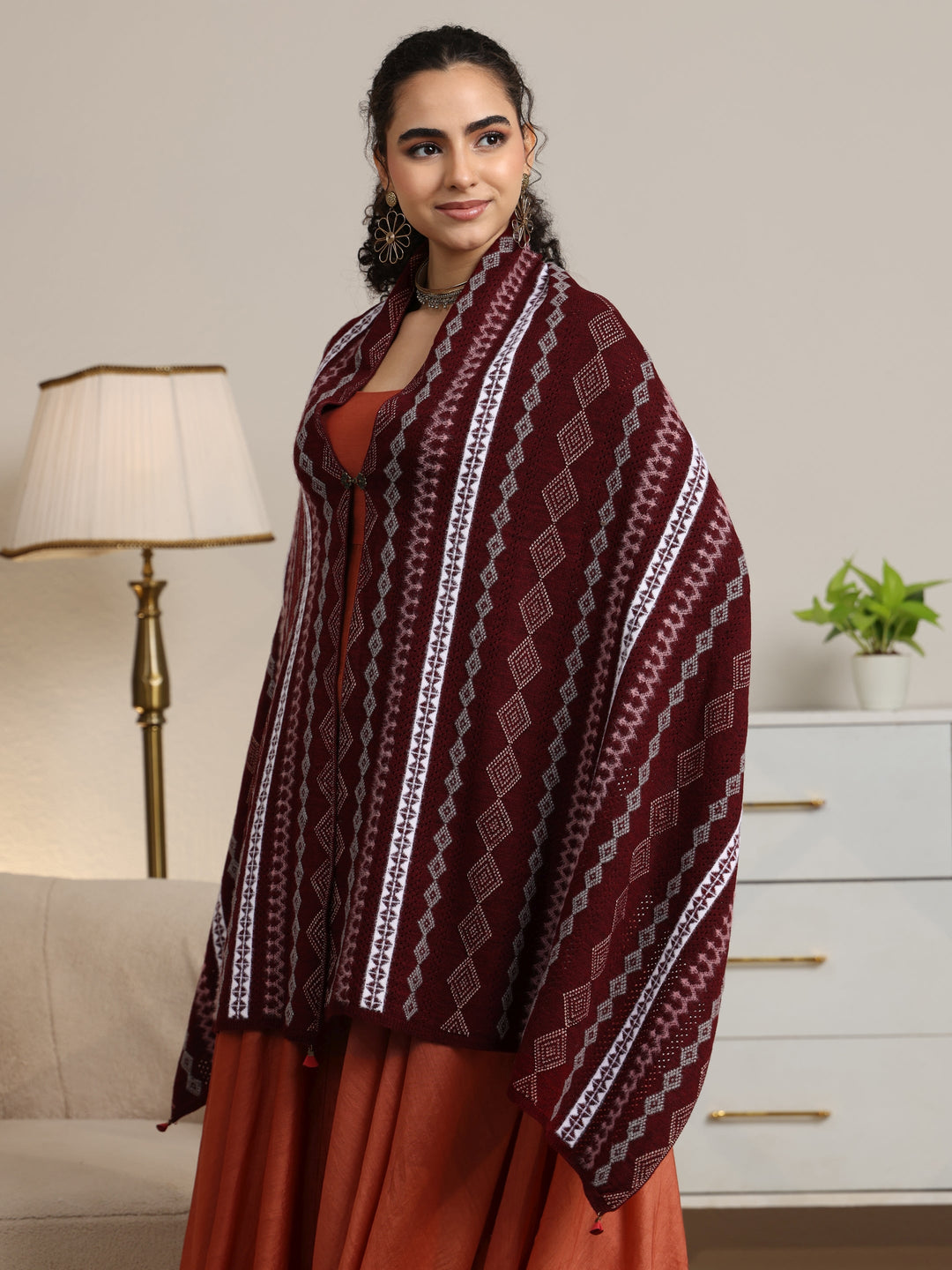  Libas Maroon Ethnic Knitted Acrylic Wrap Shawl 
