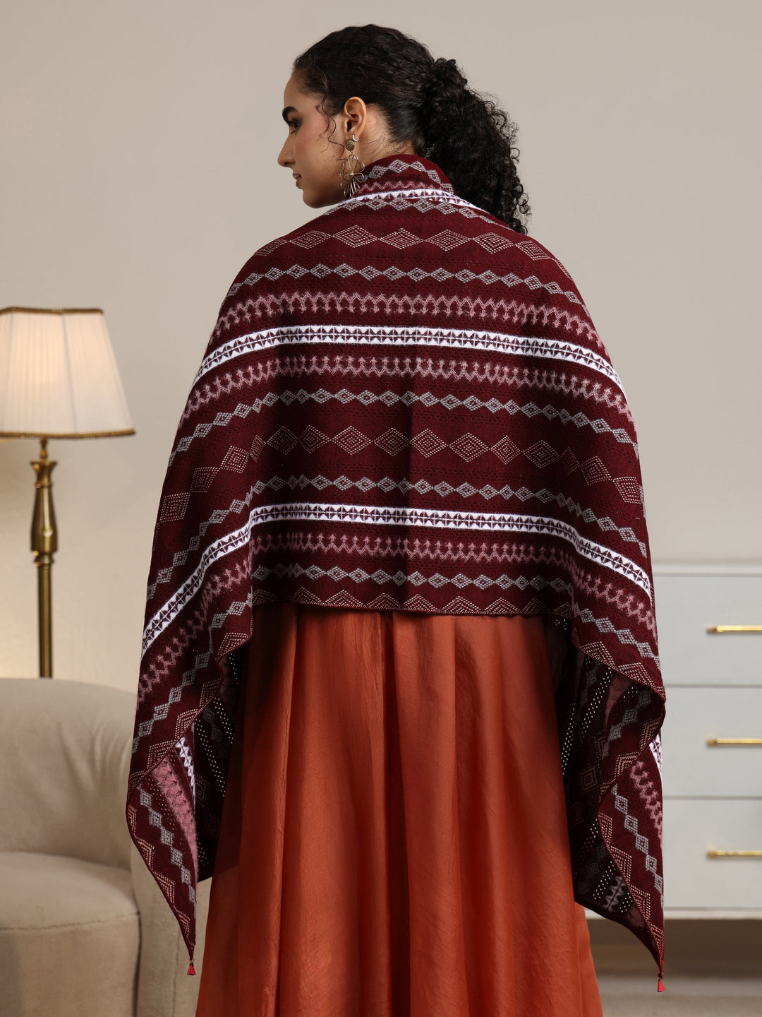  Libas Maroon Ethnic Knitted Acrylic Wrap Shawl 