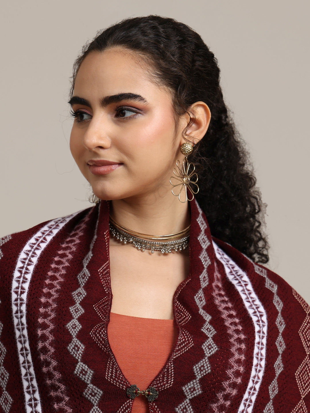  Libas Maroon Ethnic Knitted Acrylic Wrap Shawl 