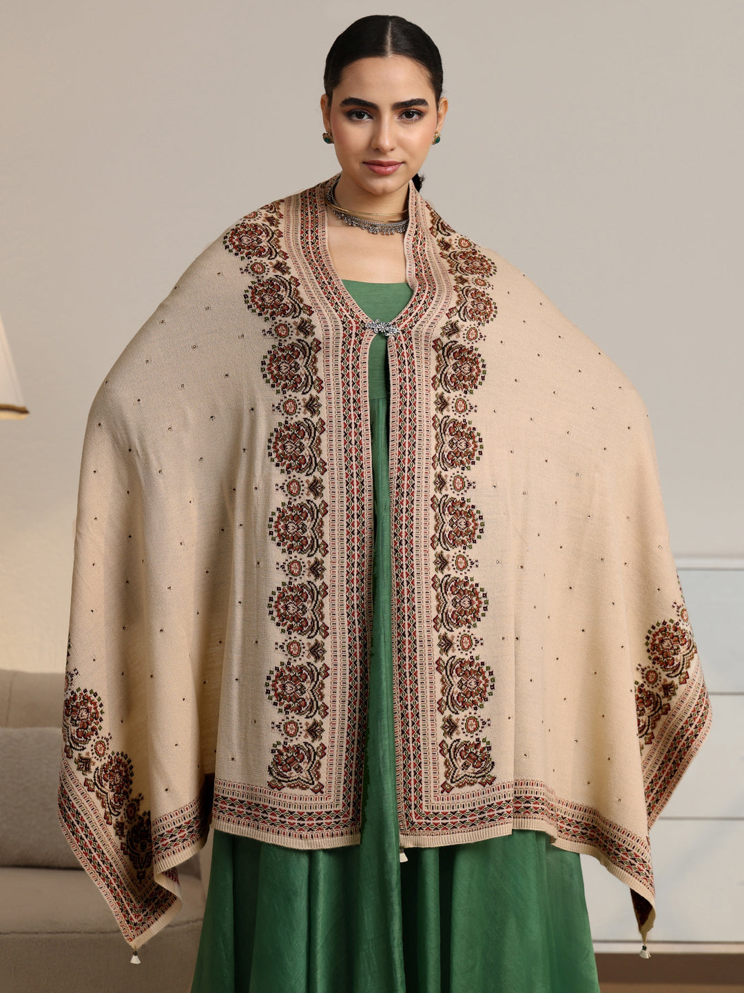  Libas Beige Ethnic Knitted Acrylic Wrap Shawl 