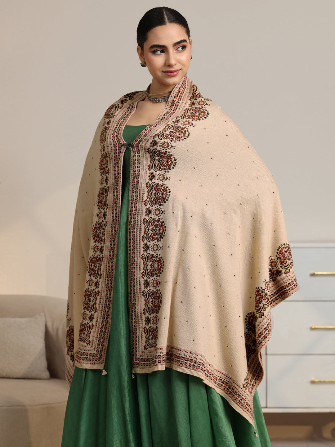 Libas Beige Ethnic Knitted Acrylic Wrap Shawl 