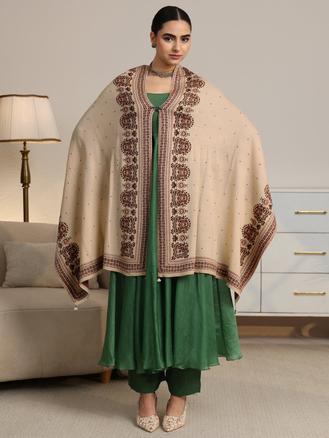  Libas Beige Ethnic Knitted Acrylic Wrap Shawl 