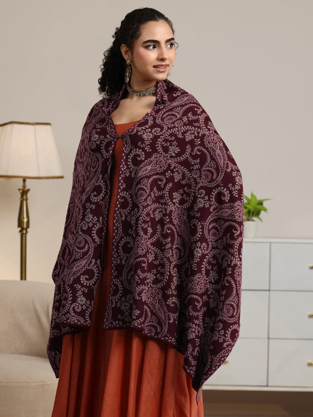  Libas Maroon Paisley Knitted Acrylic Wrap Shawl 