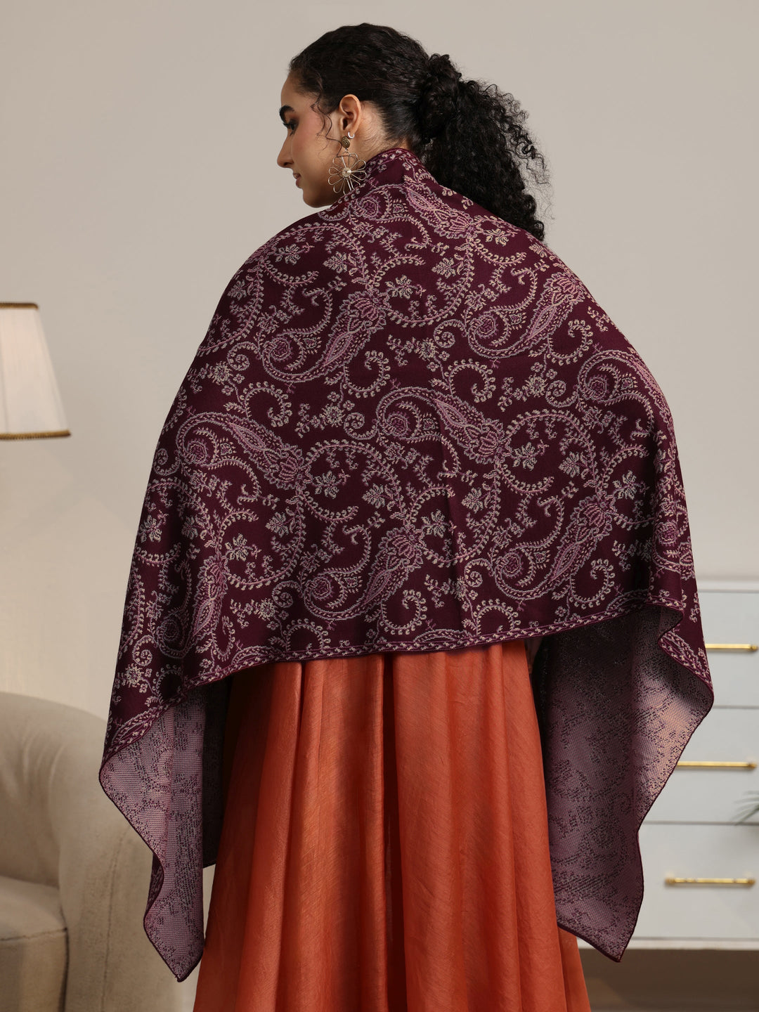  Libas Maroon Paisley Knitted Acrylic Wrap Shawl 