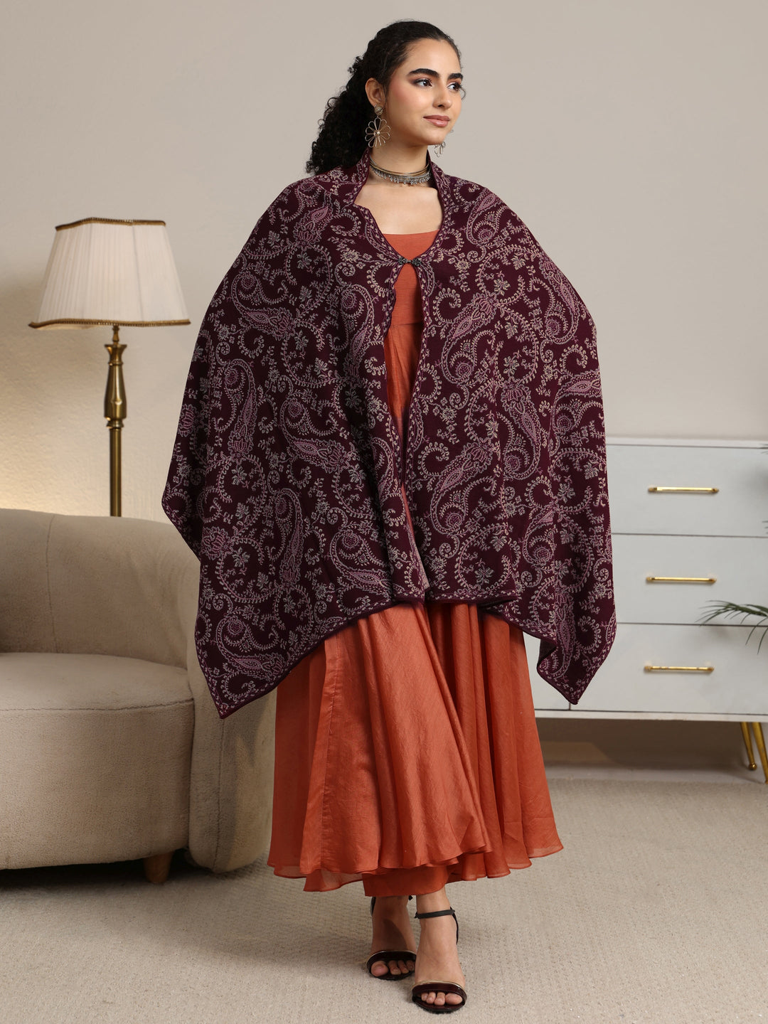  Libas Maroon Paisley Knitted Acrylic Wrap Shawl 