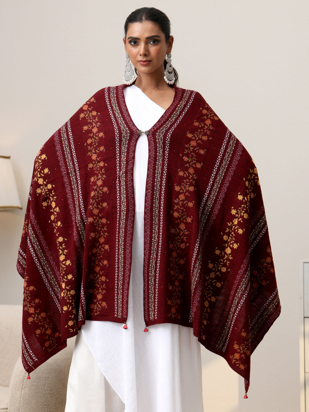  Libas Maroon Floral Knitted Acrylic Wrap Shawl 