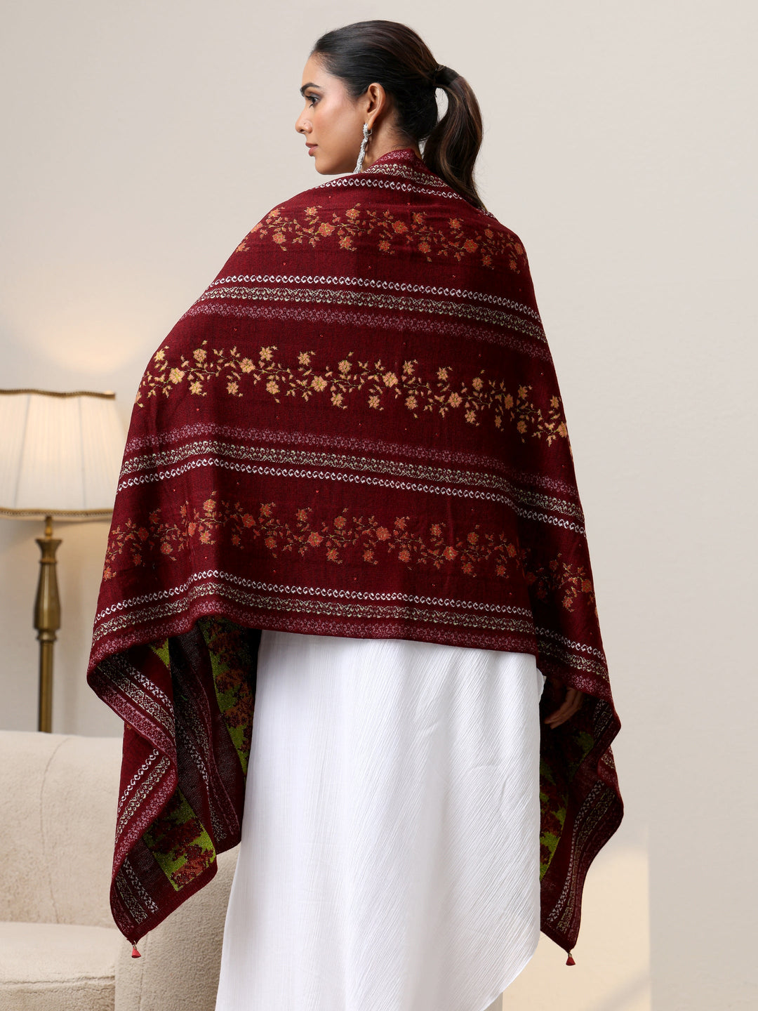  Libas Maroon Floral Knitted Acrylic Wrap Shawl 