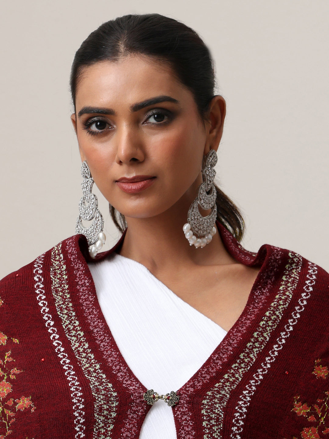  Libas Maroon Floral Knitted Acrylic Wrap Shawl 