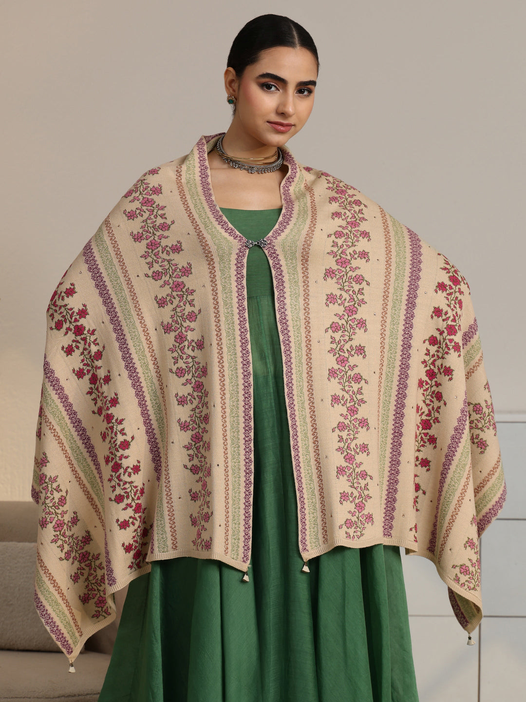  Libas Beige Floral Knitted Acrylic Wrap Shawl 
