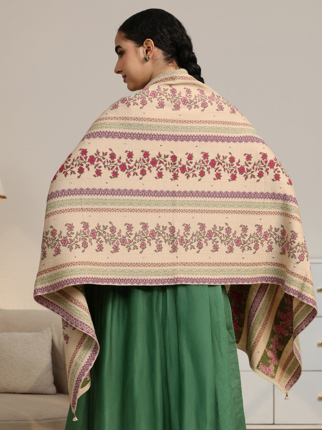  Libas Beige Floral Knitted Acrylic Wrap Shawl 