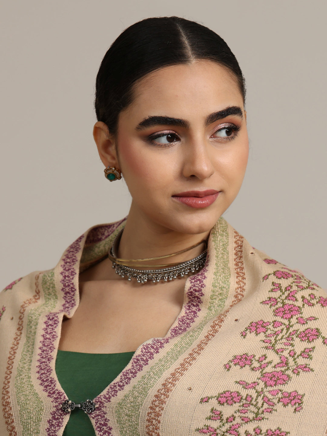  Libas Beige Floral Knitted Acrylic Wrap Shawl 