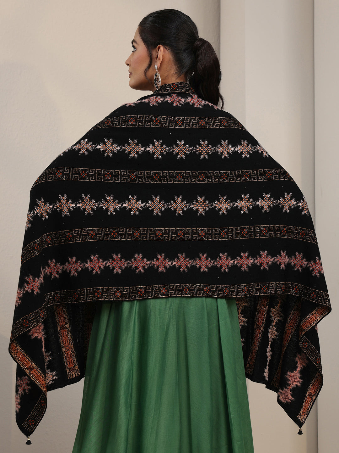  Libas Black Snowflake Knitted Acrylic Wrap Shawl 