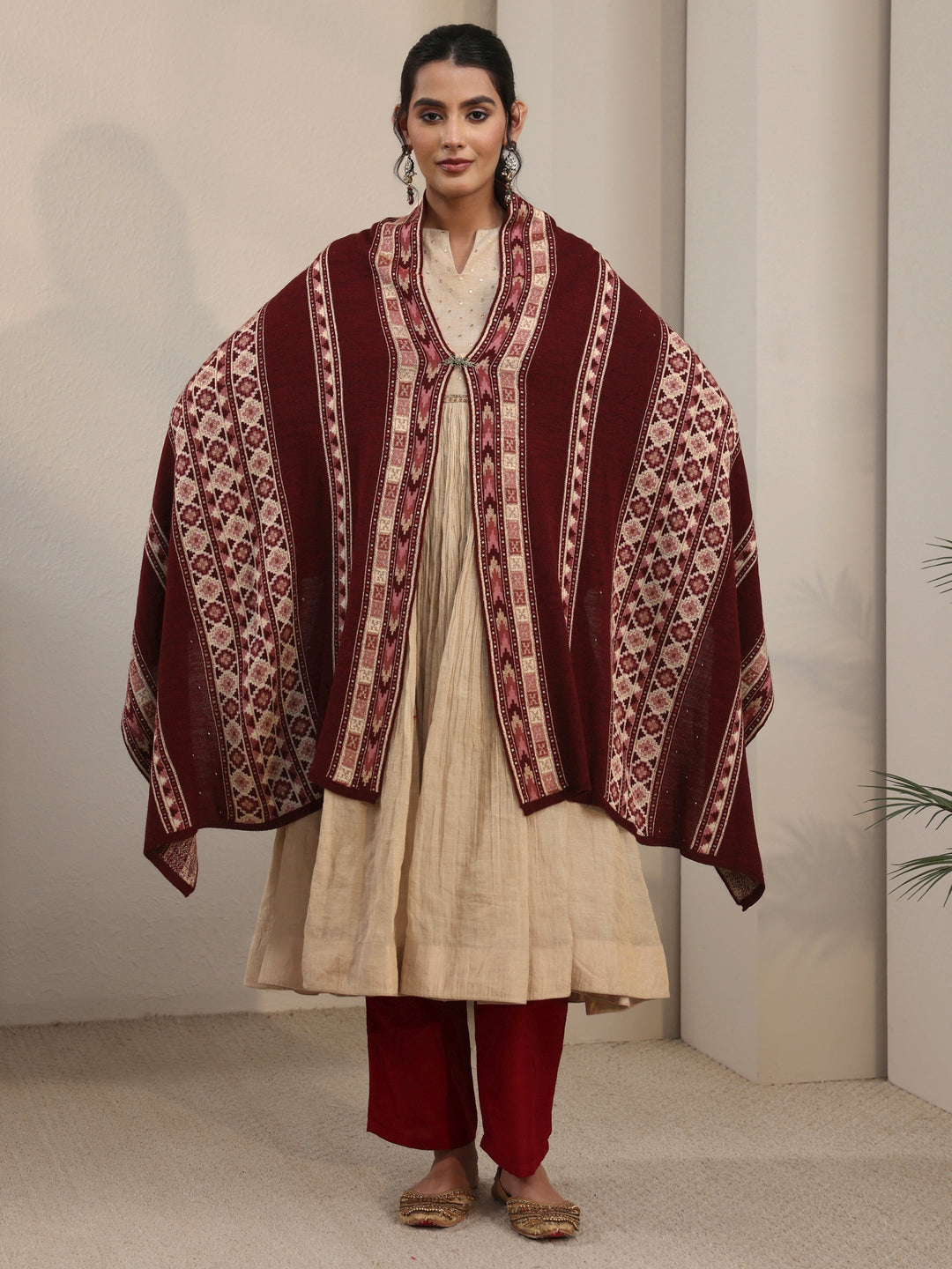  Libas Maroon Geometric Knitted Acrylic Wrap Shawl 