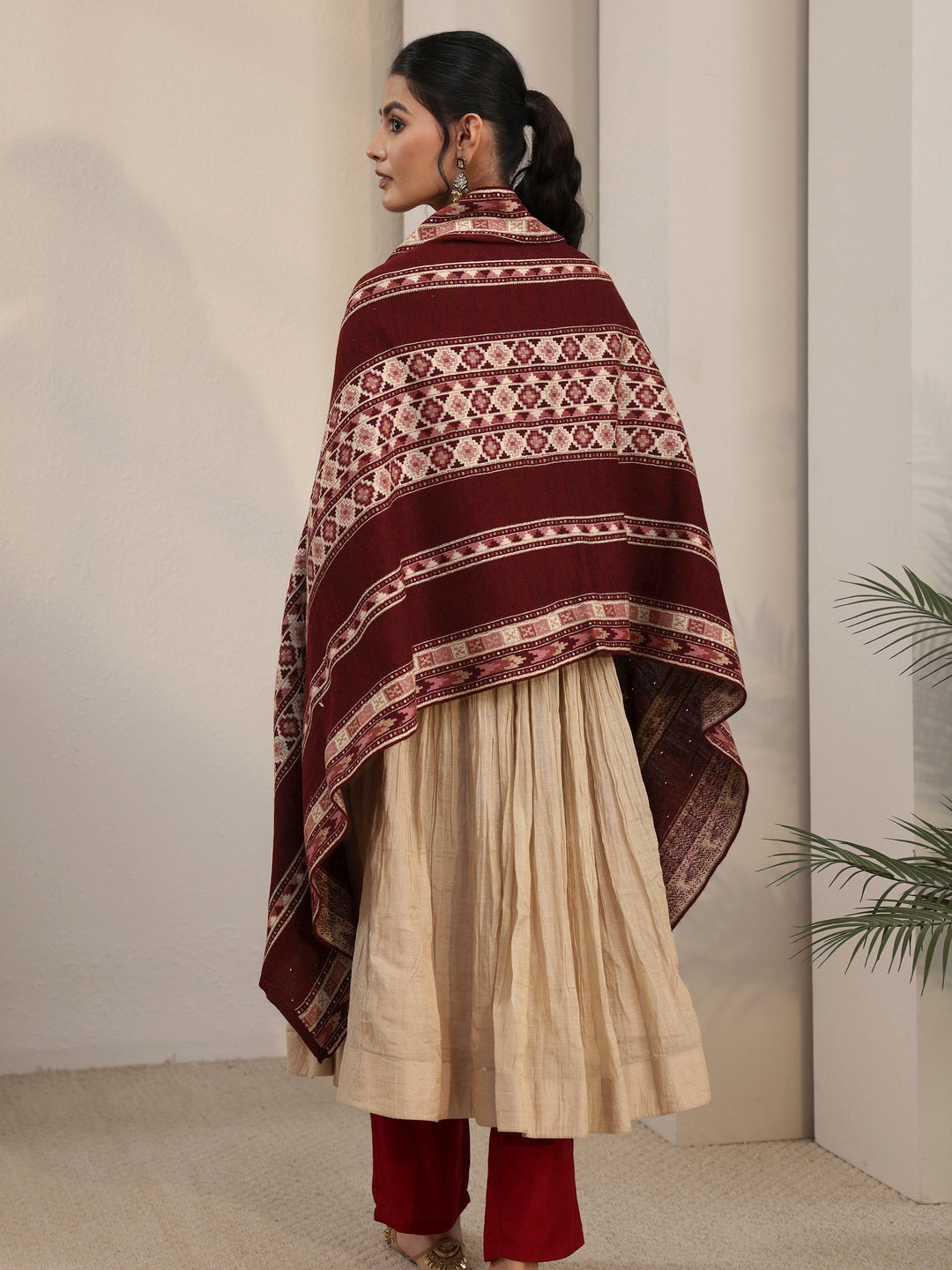  Libas Maroon Geometric Knitted Acrylic Wrap Shawl 