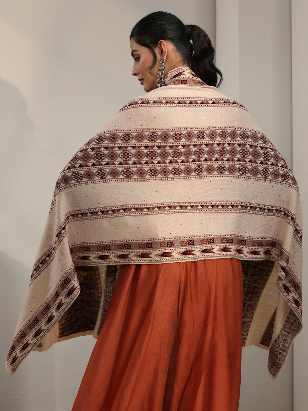  Libas Beige Geometric Knitted Acrylic Wrap Shawl 