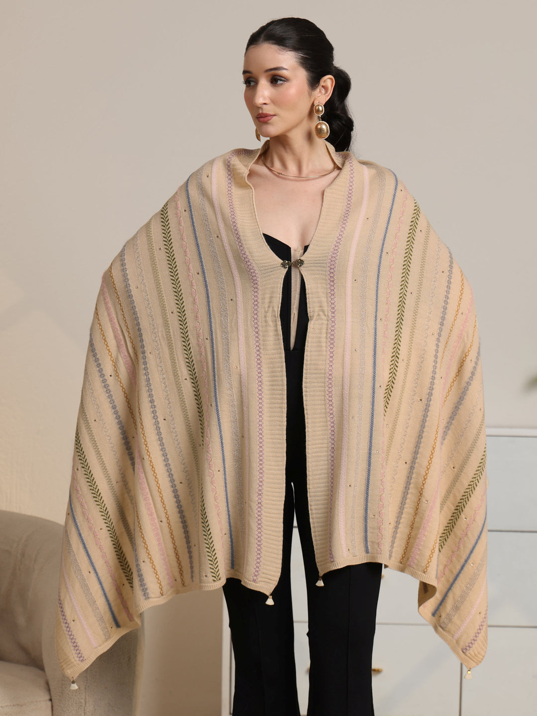 Libas Beige Ethnic Striped Knitted Acrylic Wrap Shawl 