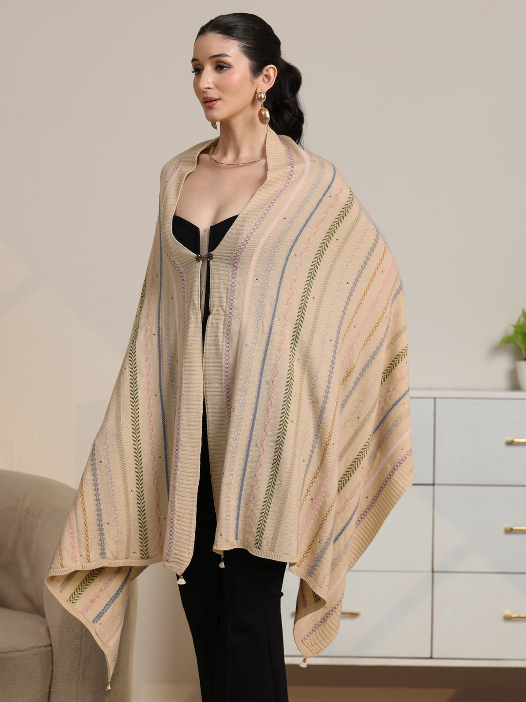  Libas Beige Ethnic Striped Knitted Acrylic Wrap Shawl 