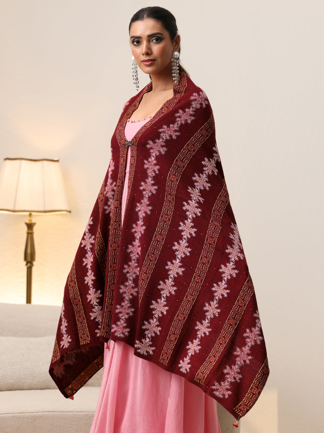  Libas Maroon Fair Isle Knitted Acrylic Wrap Shawl 