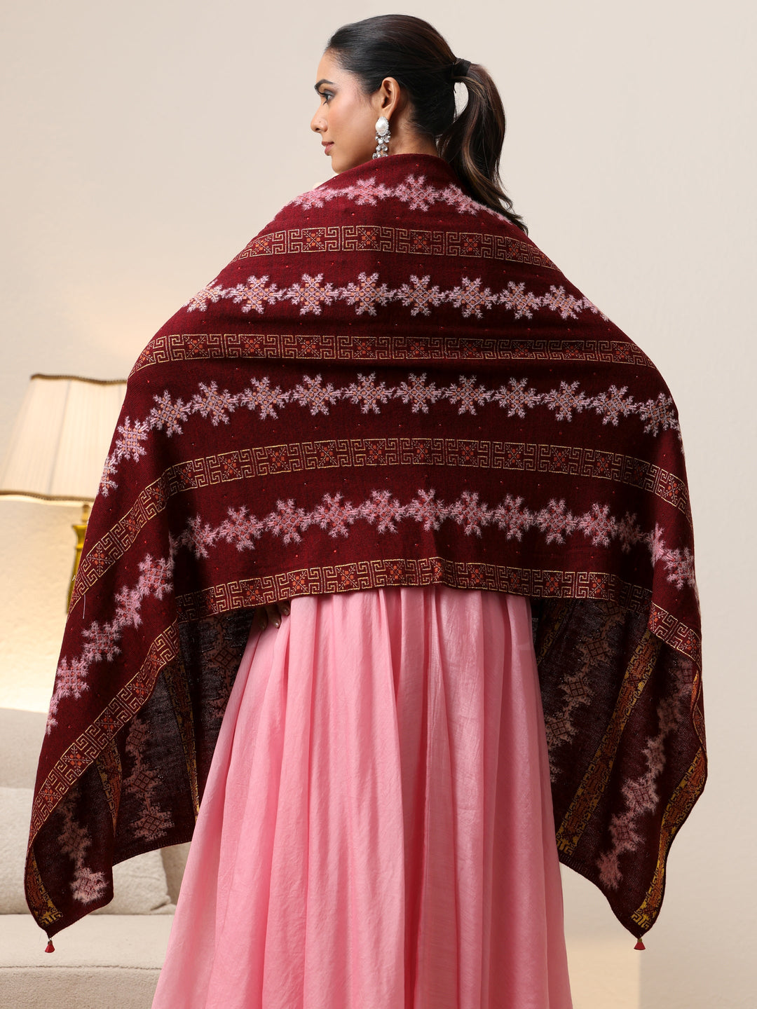  Libas Maroon Fair Isle Knitted Acrylic Wrap Shawl 