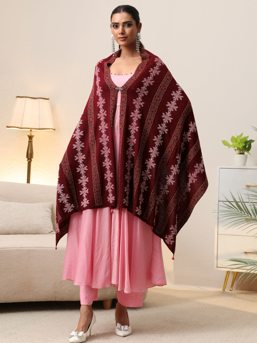  Libas Maroon Fair Isle Knitted Acrylic Wrap Shawl 