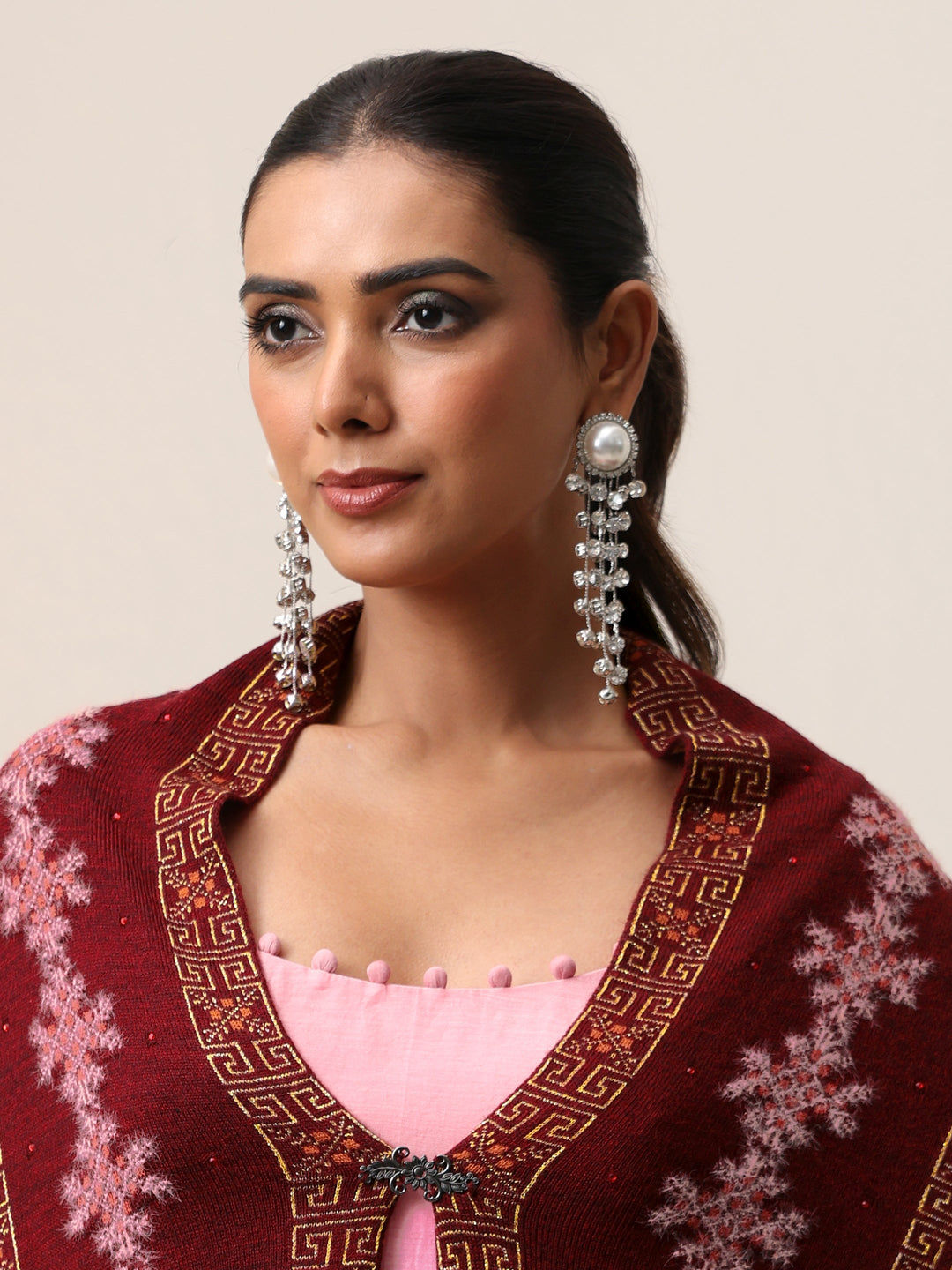  Libas Maroon Fair Isle Knitted Acrylic Wrap Shawl 