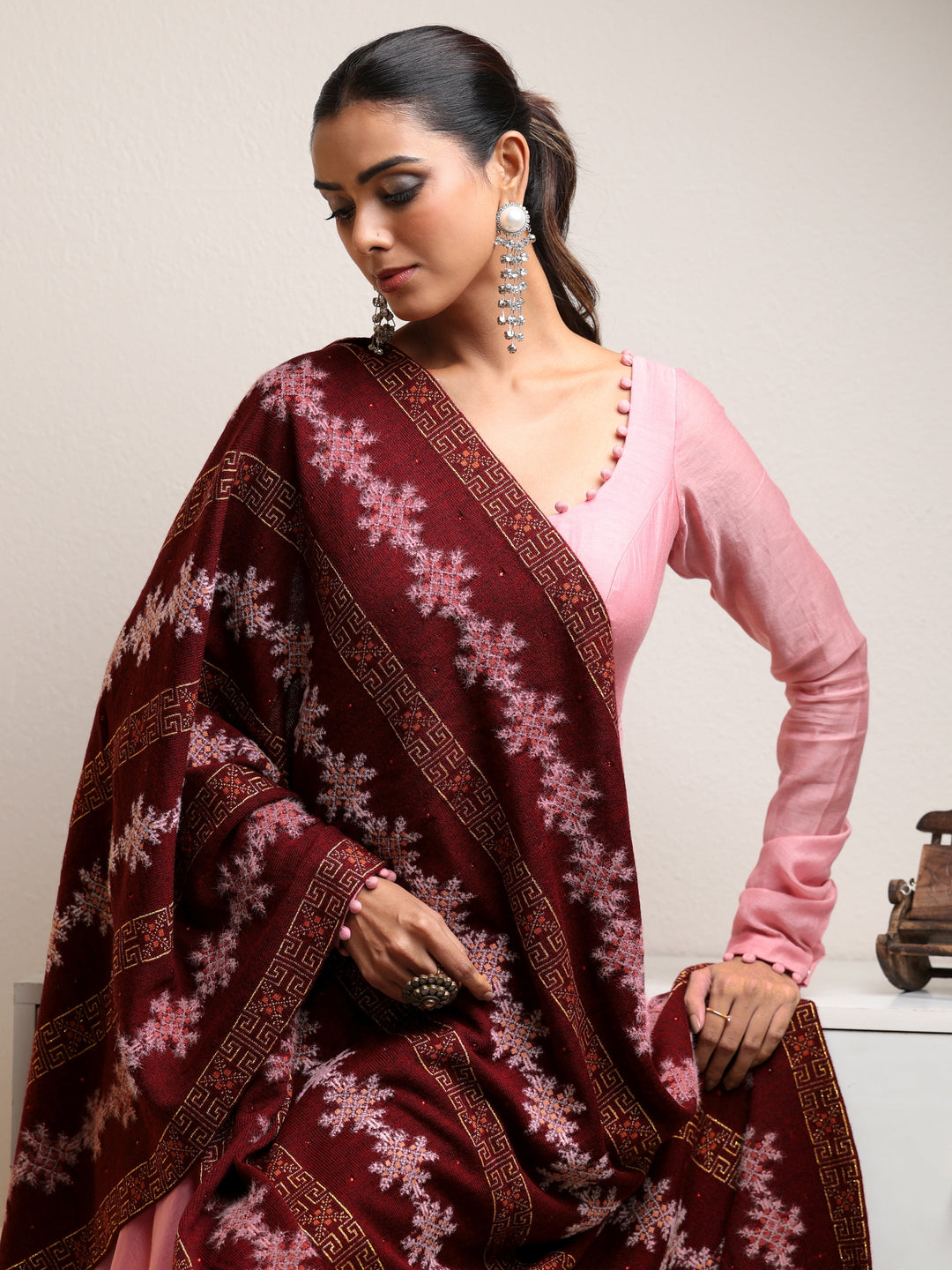  Libas Maroon Fair Isle Knitted Acrylic Wrap Shawl 