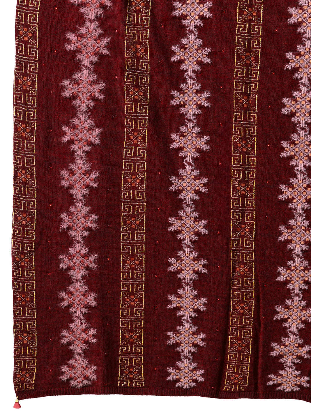  Libas Maroon Fair Isle Knitted Acrylic Wrap Shawl 