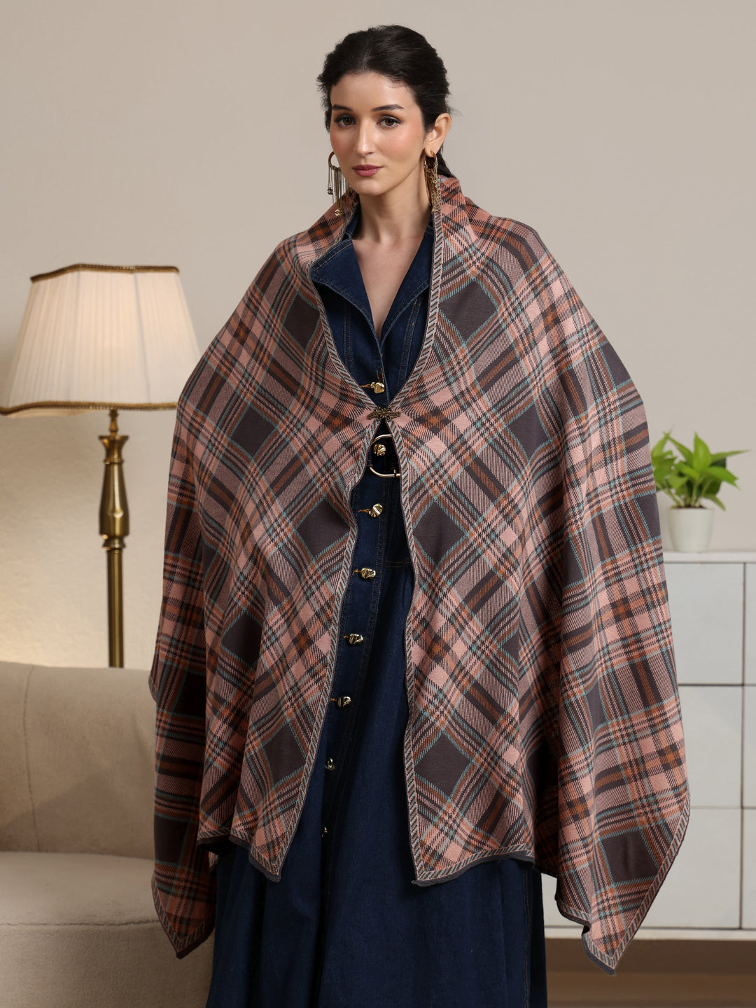  Libas Grey Checked Knitted Acrylic Wrap Shawl 