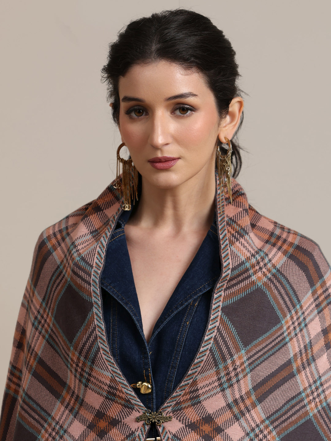  Libas Grey Checked Knitted Acrylic Wrap Shawl 