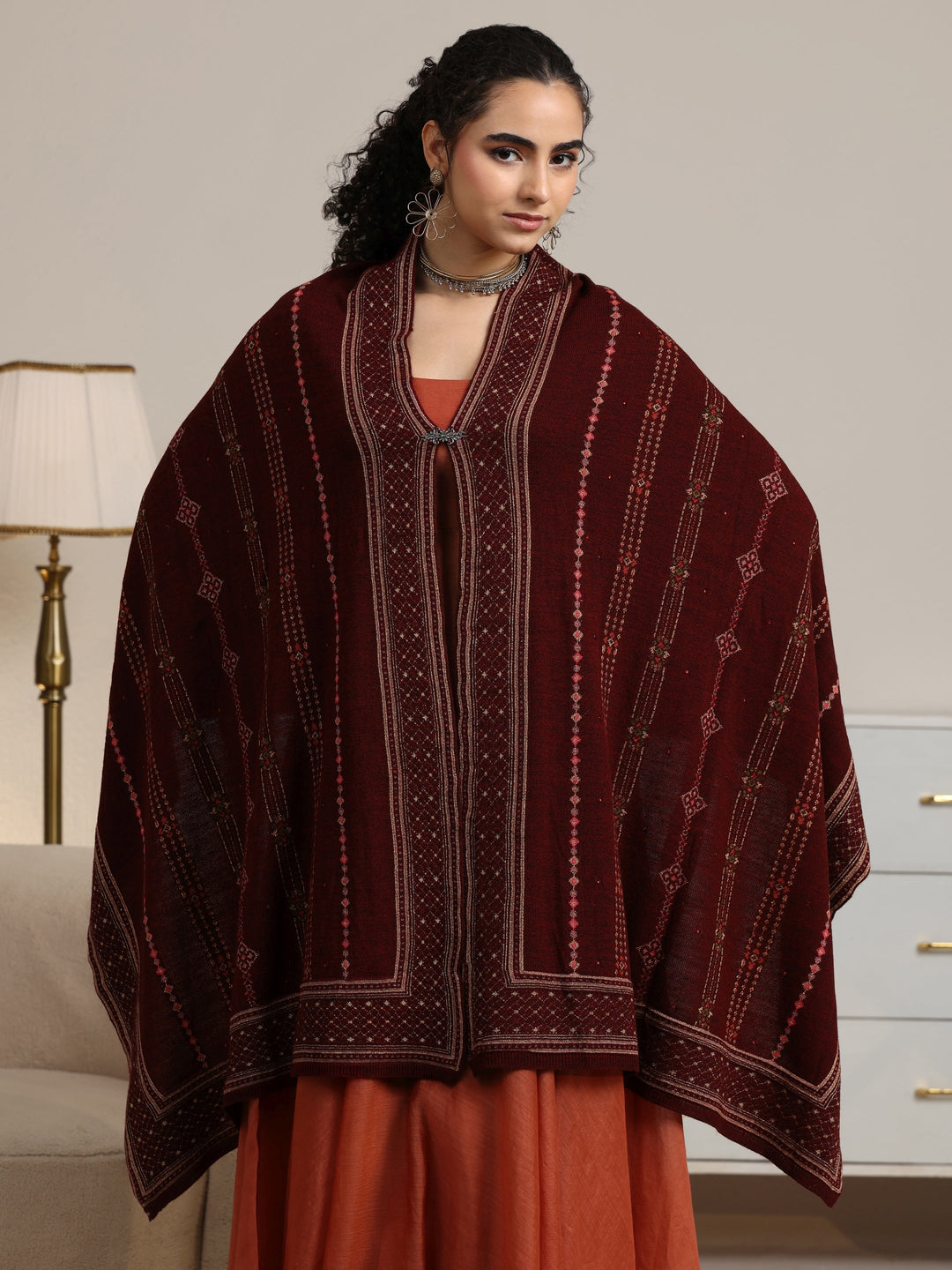  Libas Maroon Ethnic Knitted Acrylic Wrap Shawl 