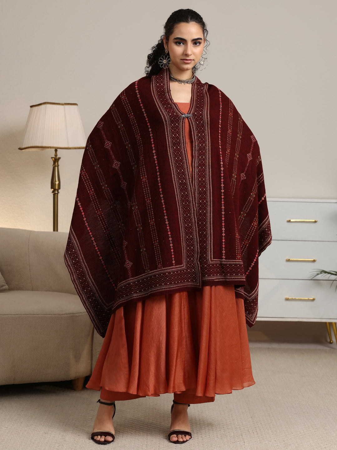  Libas Maroon Ethnic Knitted Acrylic Wrap Shawl 