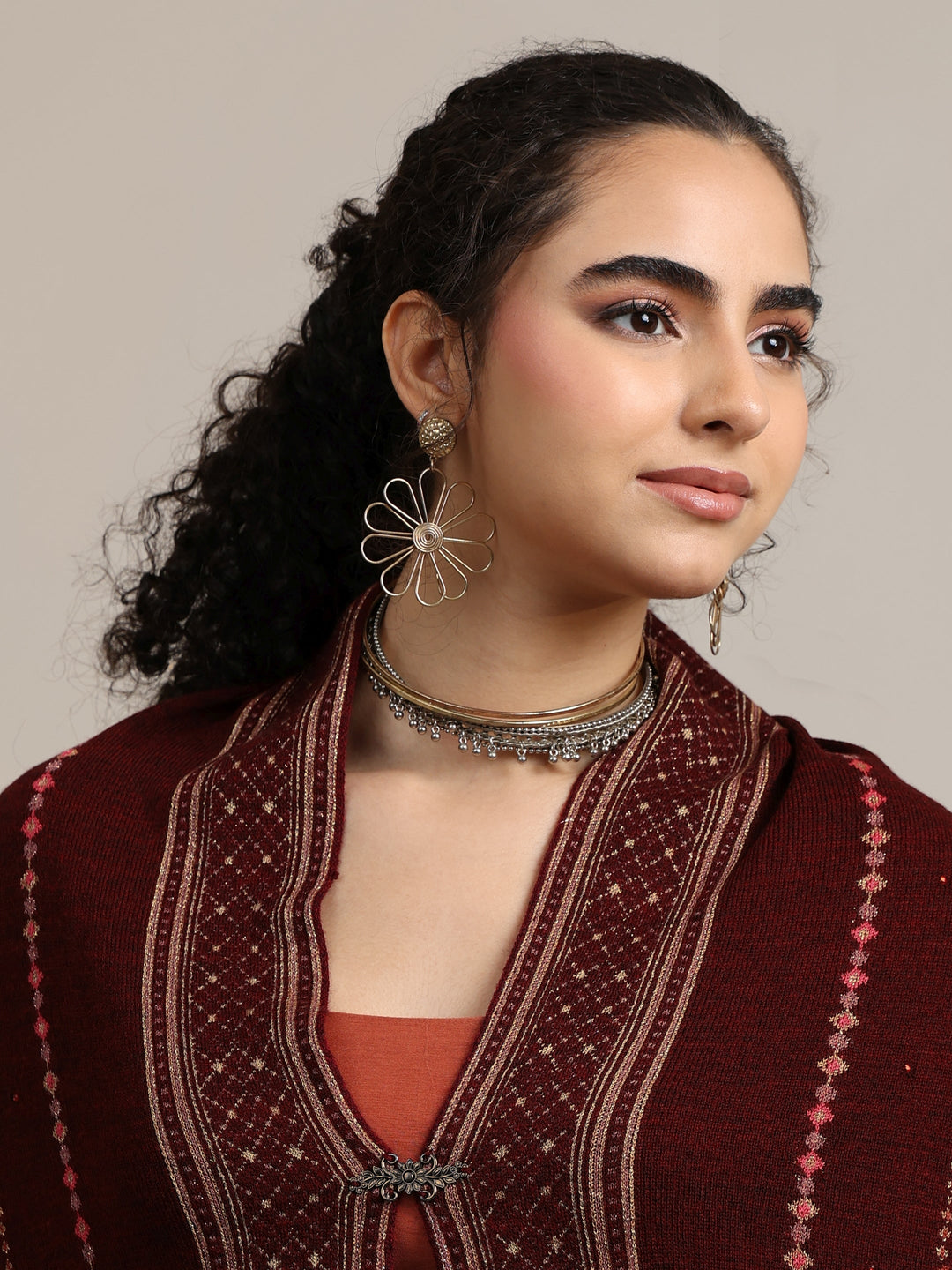  Libas Maroon Ethnic Knitted Acrylic Wrap Shawl 