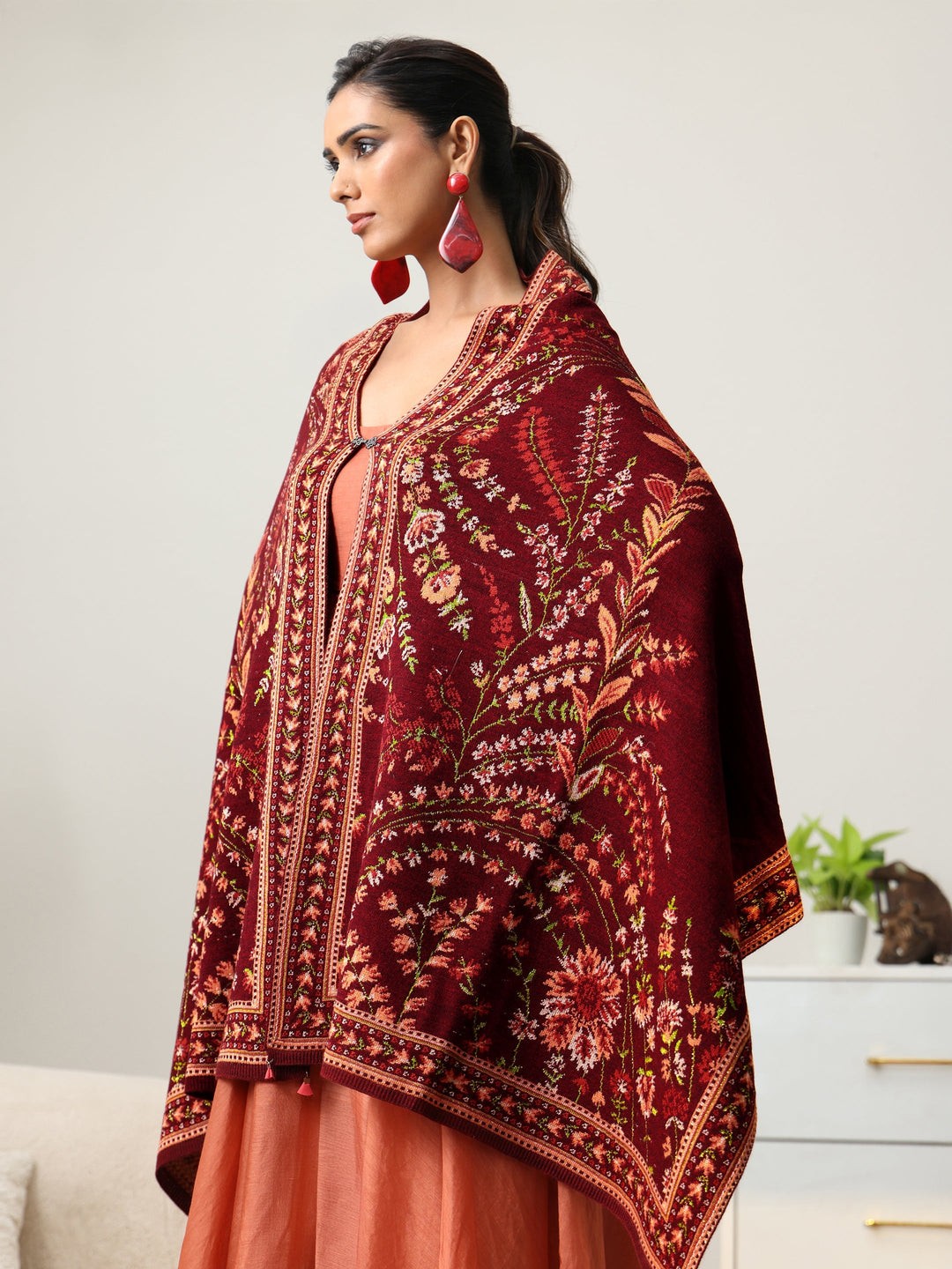  Libas Maroon Floral Knitted Acrylic Wrap Shawl 