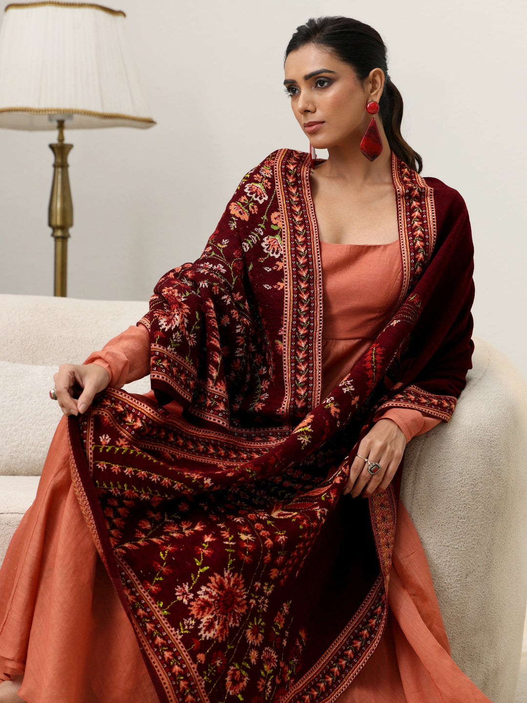  Libas Maroon Floral Knitted Acrylic Wrap Shawl 