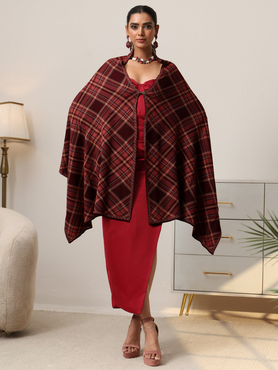  Libas Maroon Checked Knitted Acrylic Shawl 