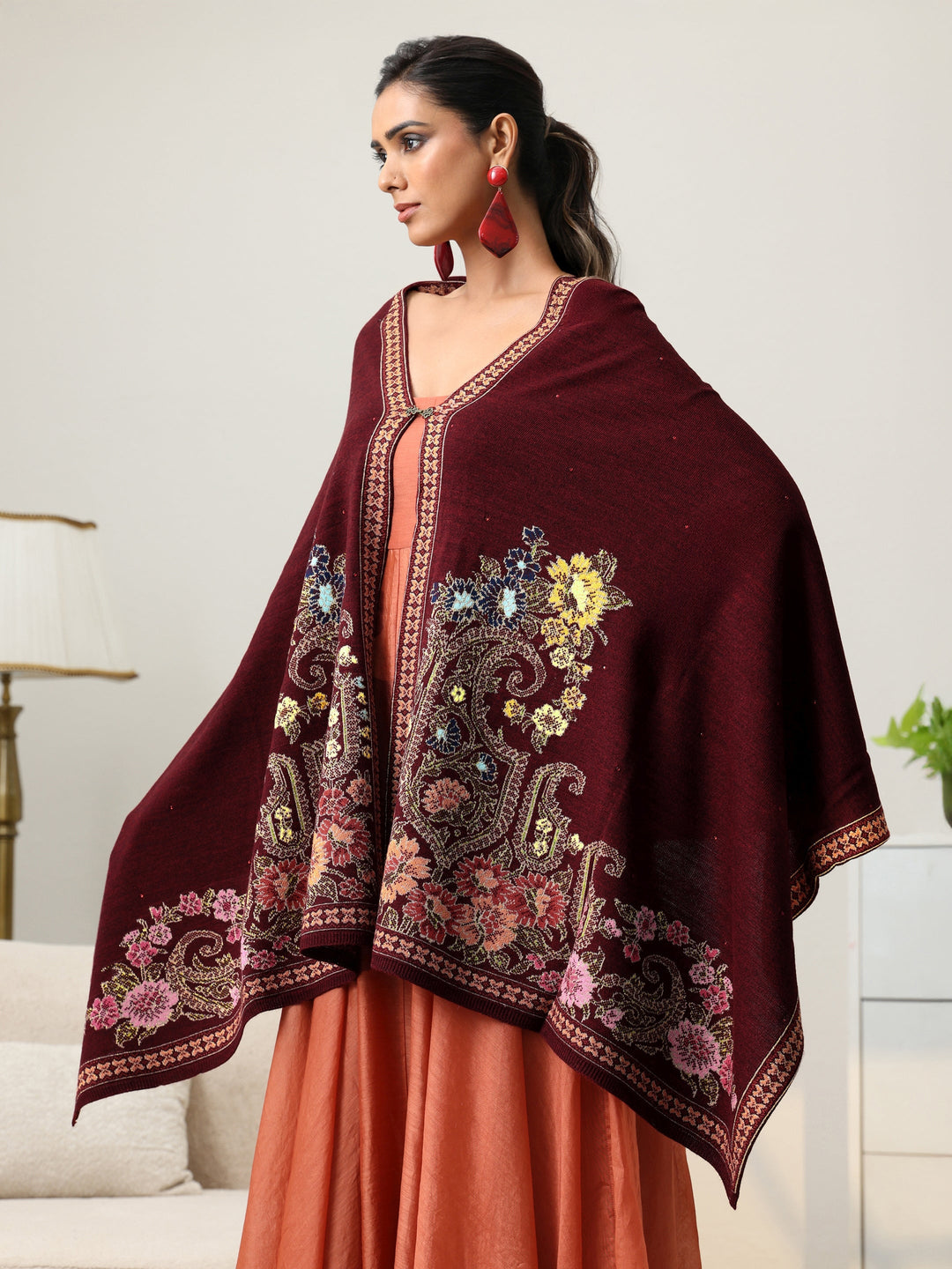  Libas Maroon Floral Knitted Acrylic Wrap Shawl 